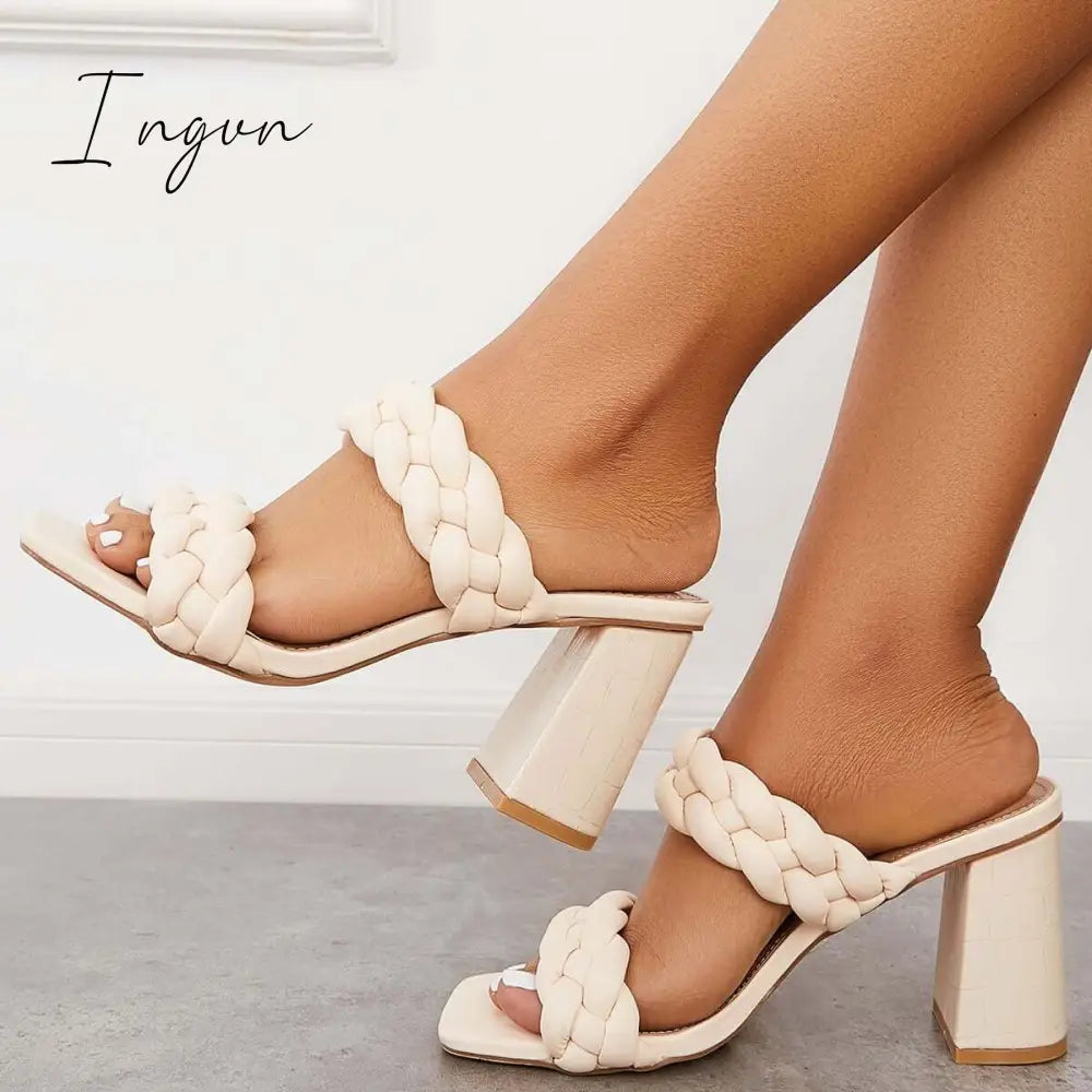 Ingvn - Square Toe Block High Heels Backless Slip on Mule Sandals