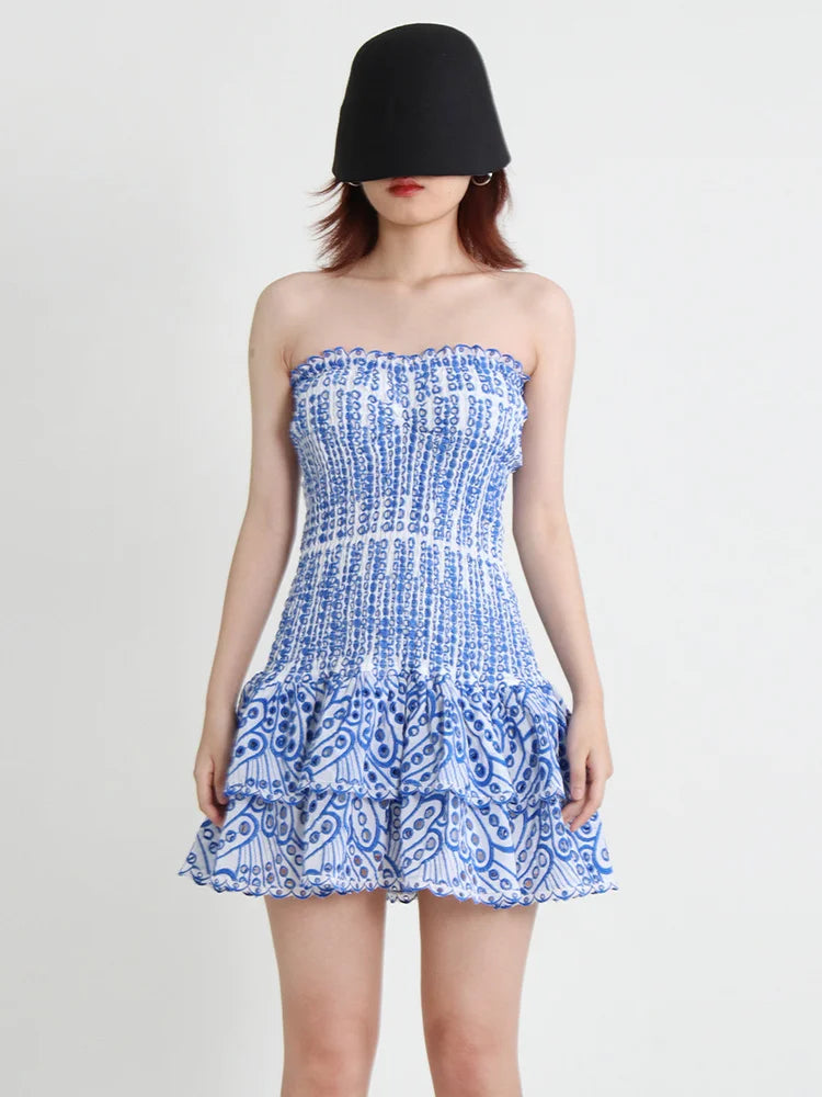 Cut Out Layered Hem Sexy Dress For Women Strapless Sleeveless Off Shoulder High Waist Mini Dresses Female Clothing