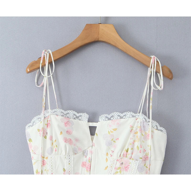 Sexy Elegant Women Lace Patchwork Floral Print Sling Mini Dress Low Waist A-line Summer Holiday Party Dresses Pretty Robe