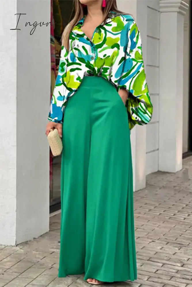 Ingvn - Elegant Floral Pocket Turndown Collar Two Pieces