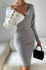 Ingvn - Casual Patchwork Contrast V Neck Long Sleeve Dresses