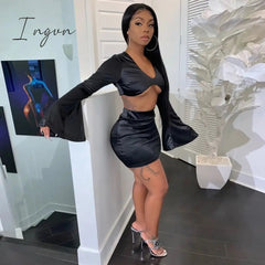 Ingvn - Satin Flare Long Sleeve 2 Two Piece Matching Set Women Crop Top Skirt Autumn Winter Birthday Fashion Sexy Clothes
