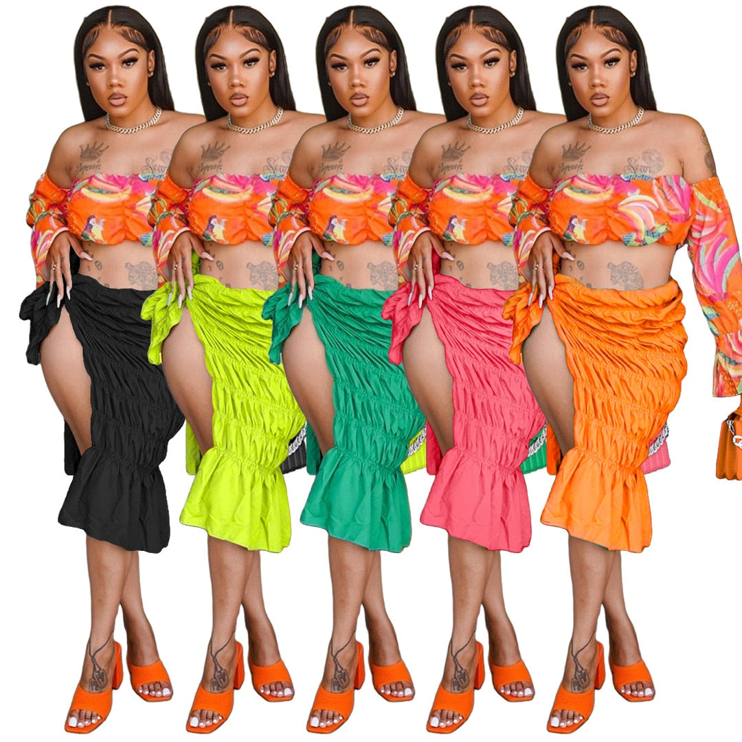Summer Beach Style Two Piece Set Women Fashion Sexy Printed Off The Shoulder Tube Top Fold Lace-up Slit Skirt 2 Piece Suit Women