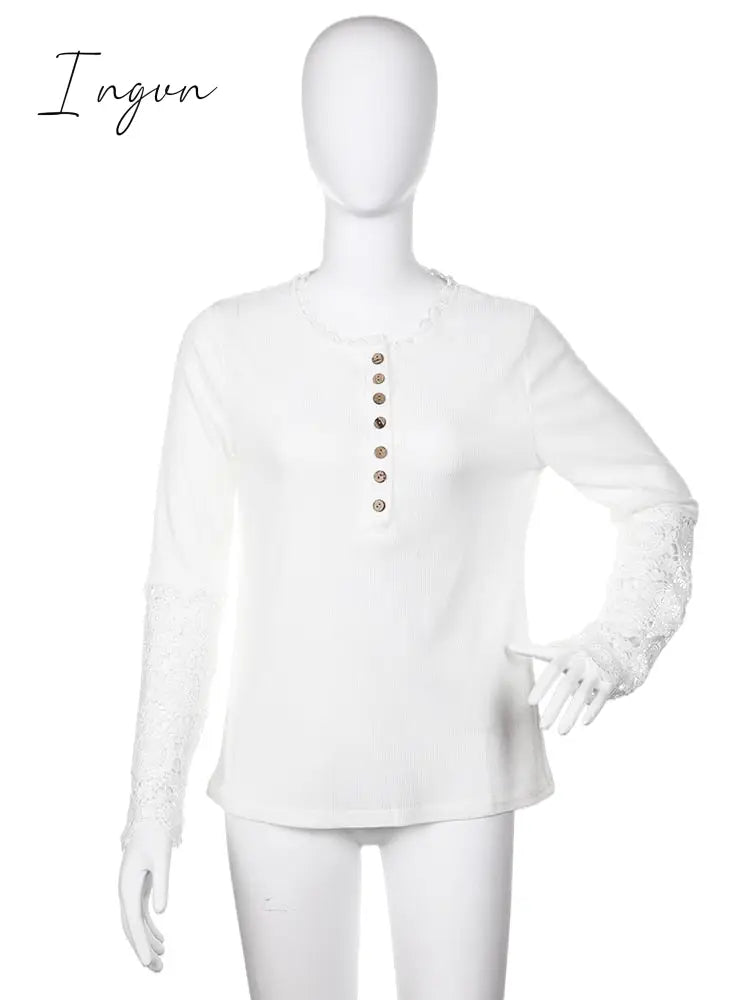 Ingvn - Lace Splicing Top Long Sleeve T Shirt Woman Button Slim Tops Tee Autumn Spring Patchwork Sleeve T-shirt Women Sexy Streetwear
