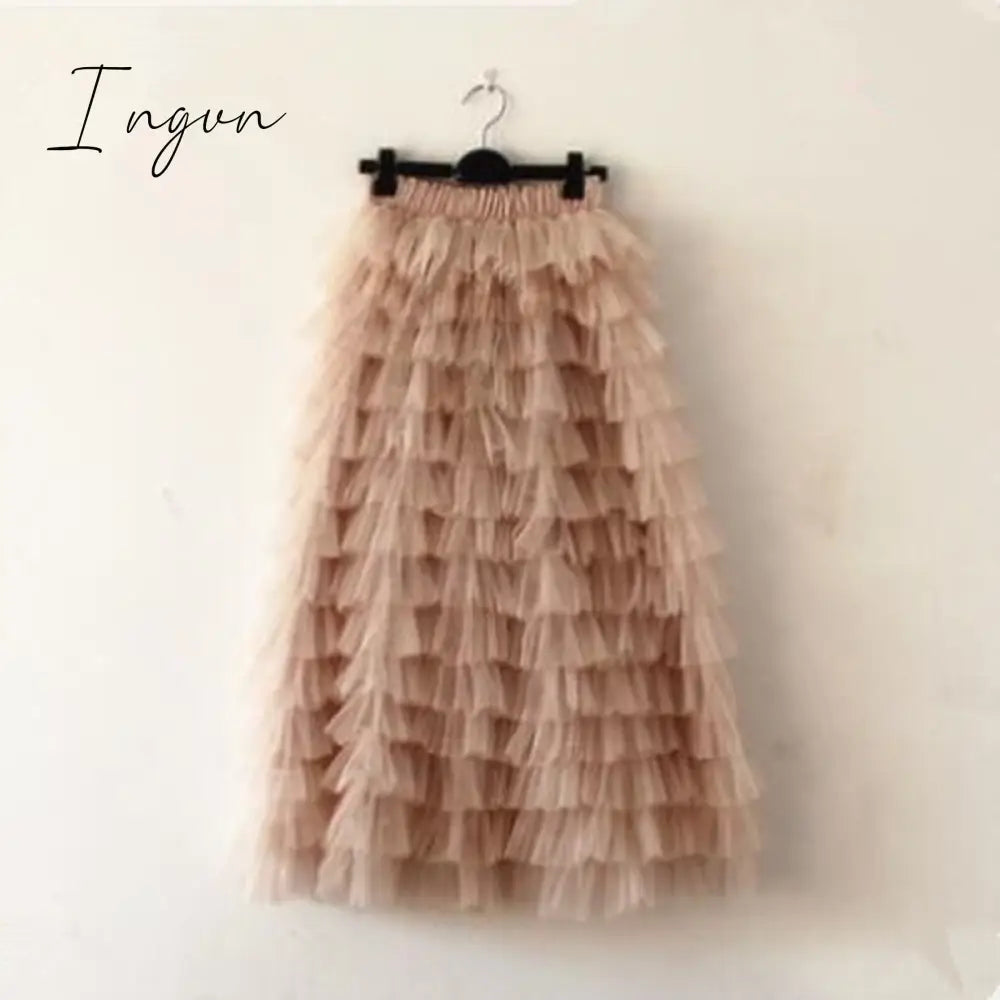 Ingvn - jupe femme Spring Party Skirt Elastic High Waist Long Tulle Skirt Women Multilayer ruffles Pink Mesh Tutu Skirt Ladies
