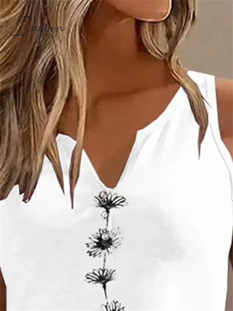 Ingvn - Women's Tank Top Black White Green Floral Print Sleeveless Casual Holiday Basic V Neck Regular Floral S