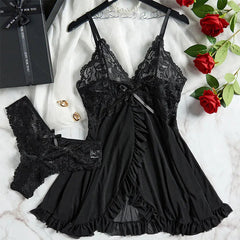 Y2K Summer new lace up Halter backless dress European and American sexy hollow pleated Hip Wrap SkirtThin Style G-string Contrast Lace Ruffle Trim Lingerie Set Deep V Slip Dress Thong Women's Sexy Lingerie Lencería Muj