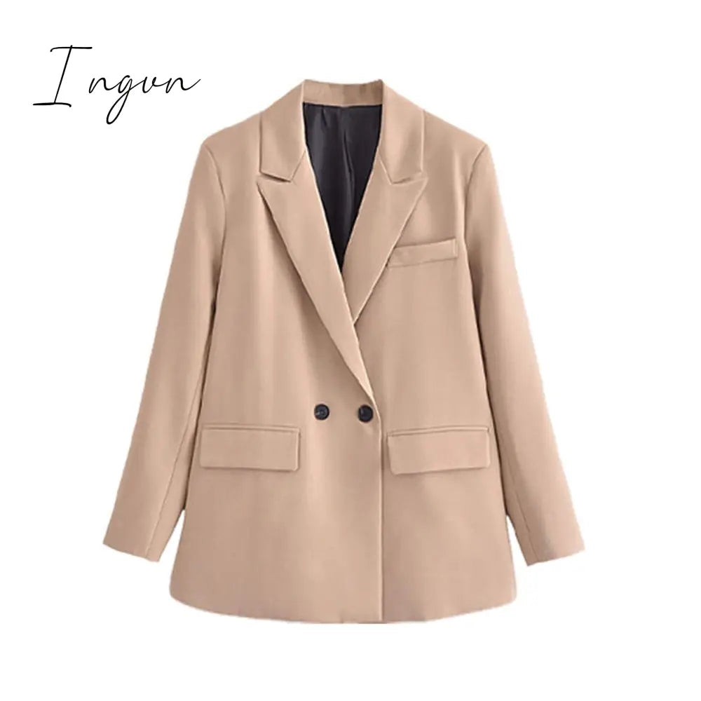 Ingvn - Women Fashion Solid Double Breasted Blazers Female Elegant Long Sleeves Loose Jacket Coats Office Ladies Outerwear Top
