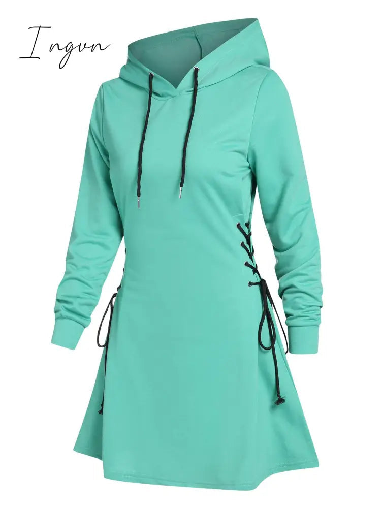 Ingvn - Casual Women Long Sleeve Autumn Dress Drawstring Lace Up Mini Hoodie Dress Vestidos Femme Gothic Fashion Dress Streetwear