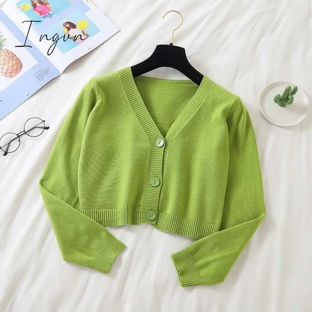 Ingvn - Spring Newly Green Cropped Cardigans Women Loose Ladies Short Knitted Sweaters Long Sleeve V neck Solid Chic Streetwear