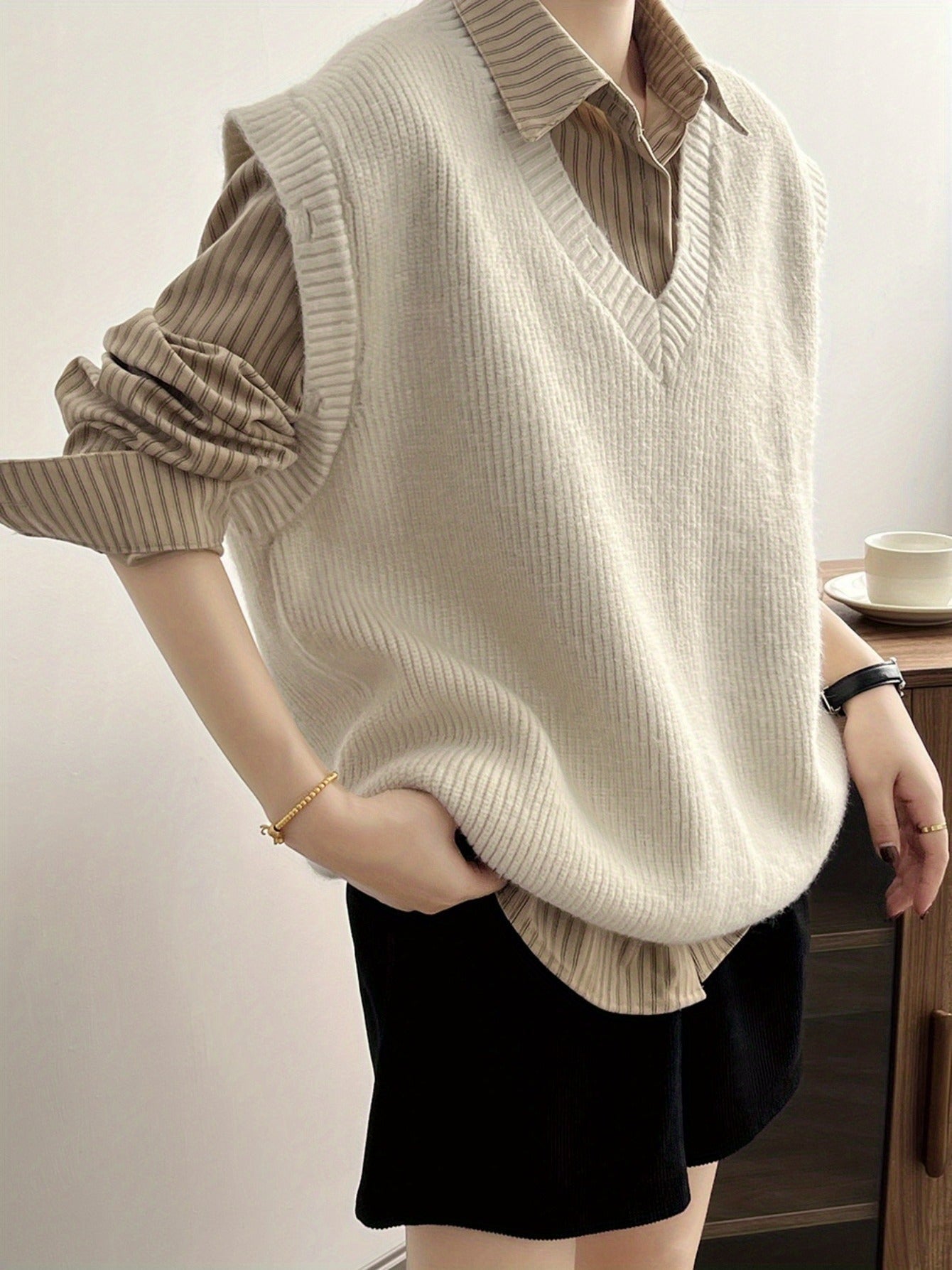 Solid V Neck Knitted Vest, Casual Sleeveless Loose Sweater Vest, Women's Clothing