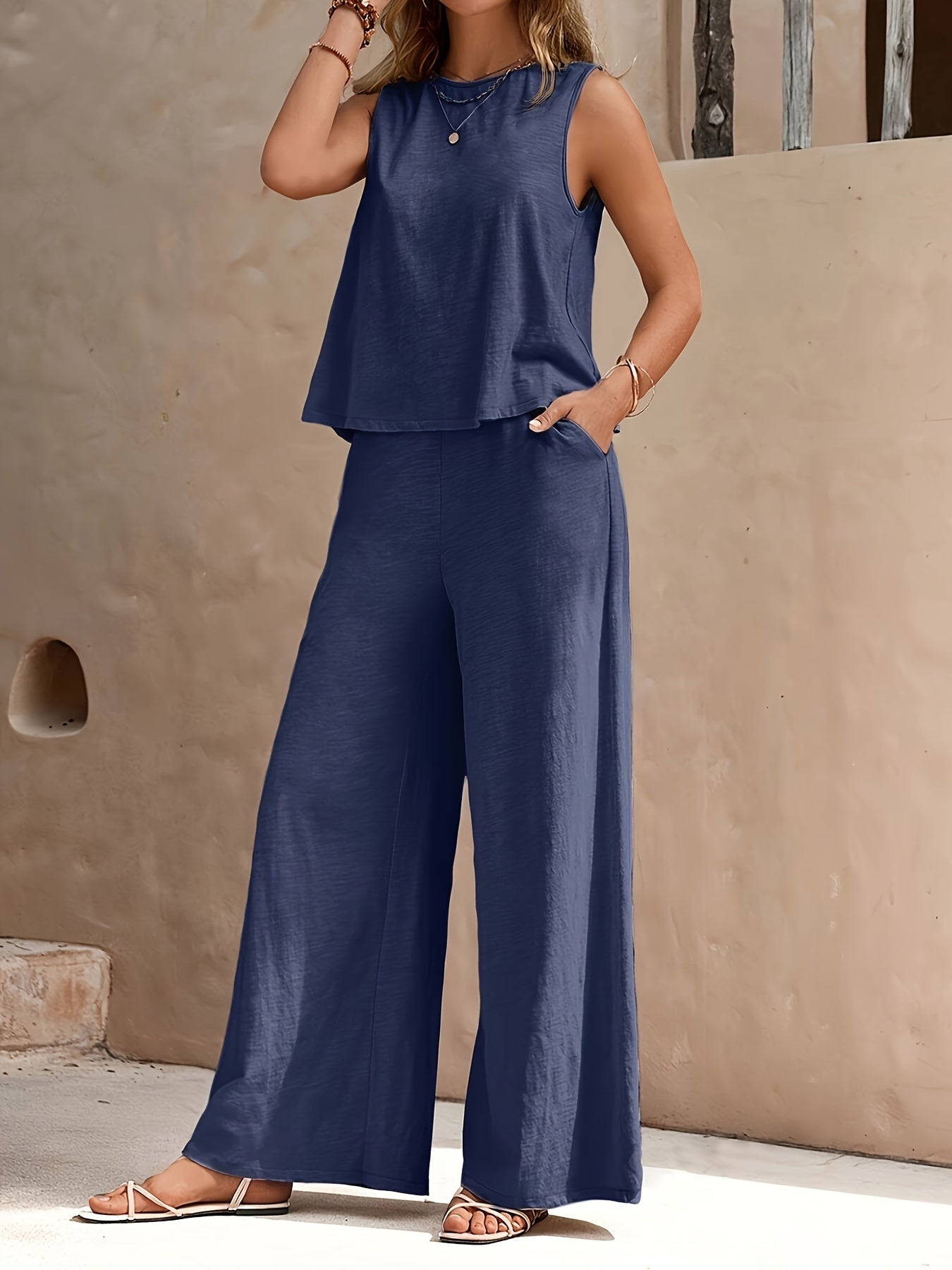 Casual Solid Color Two-piece Pants Set, Sleeveless Crew Neck Tank Top & Slant Pockets Wide Leg Pants Outfits, Women's Clothing
