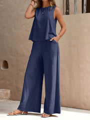 Casual Solid Color Two-piece Pants Set, Sleeveless Crew Neck Tank Top & Slant Pockets Wide Leg Pants Outfits, Women's Clothing
