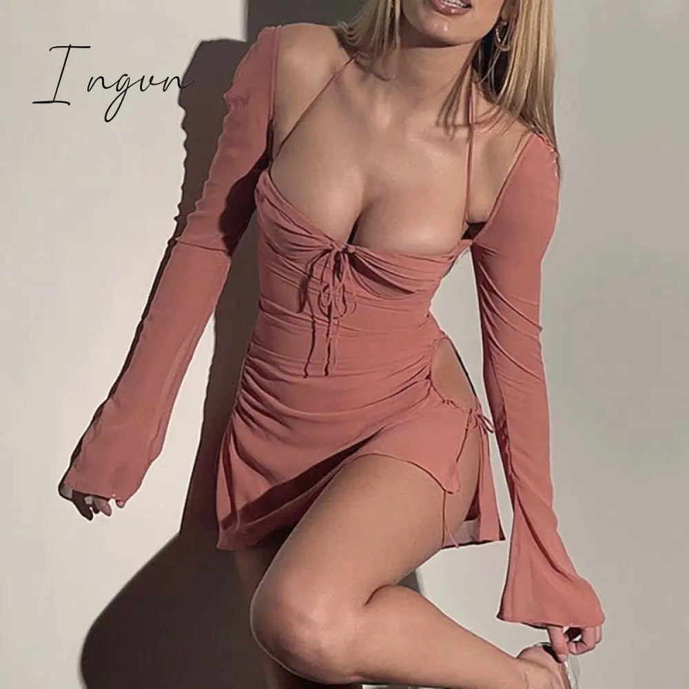 Ingvn - Going Out Outfits Spring Elegant Cut Out Halter Bodycon Mini Dress Women Sexy Flare Long Sleeve Drawstring Backless Party Dresses