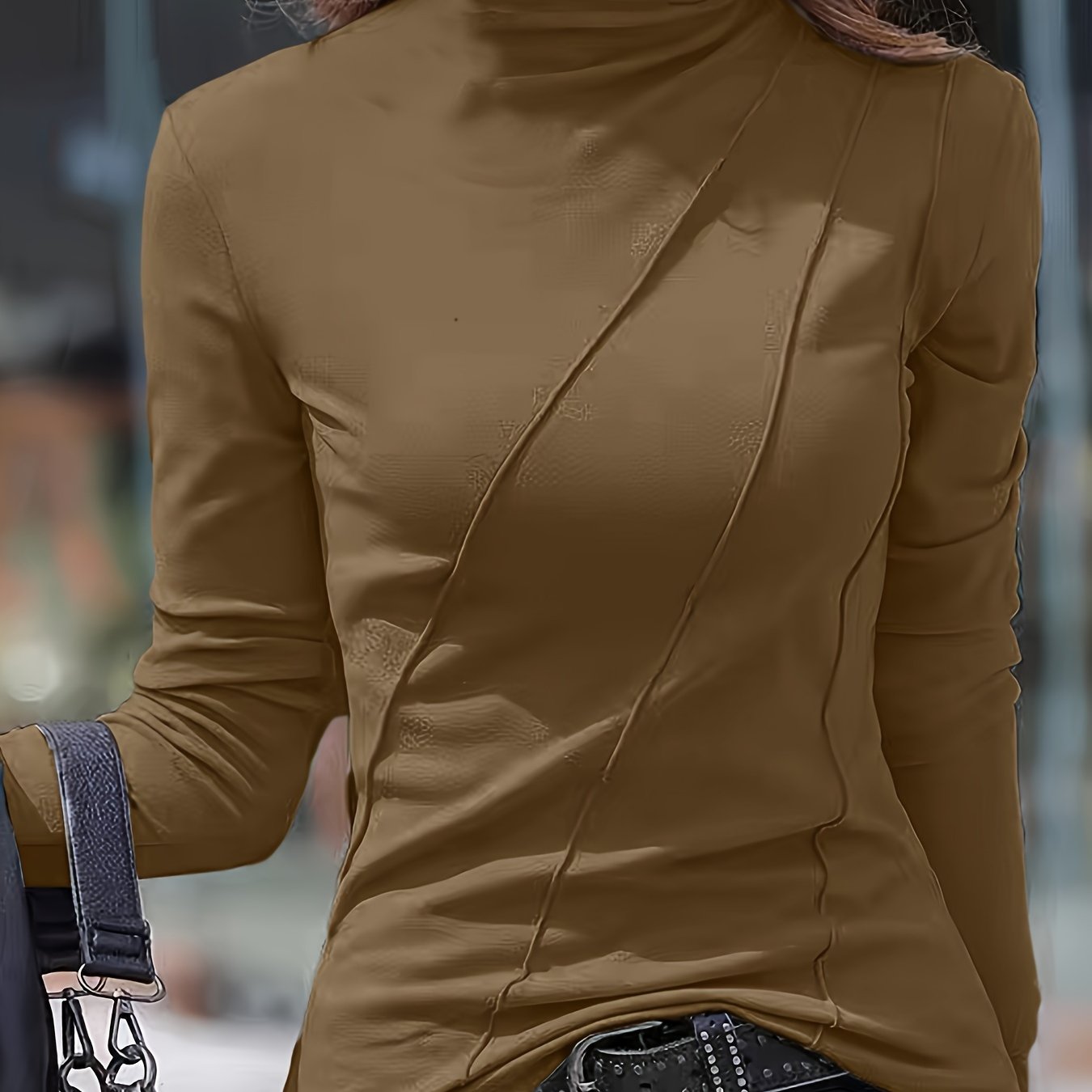 High Neck Slim Fit Polyester Turtleneck Top - Soft, Stretchy, and Breathable for All Seasons - Machine Washable, Casual Long Sleeve Shirt for Women