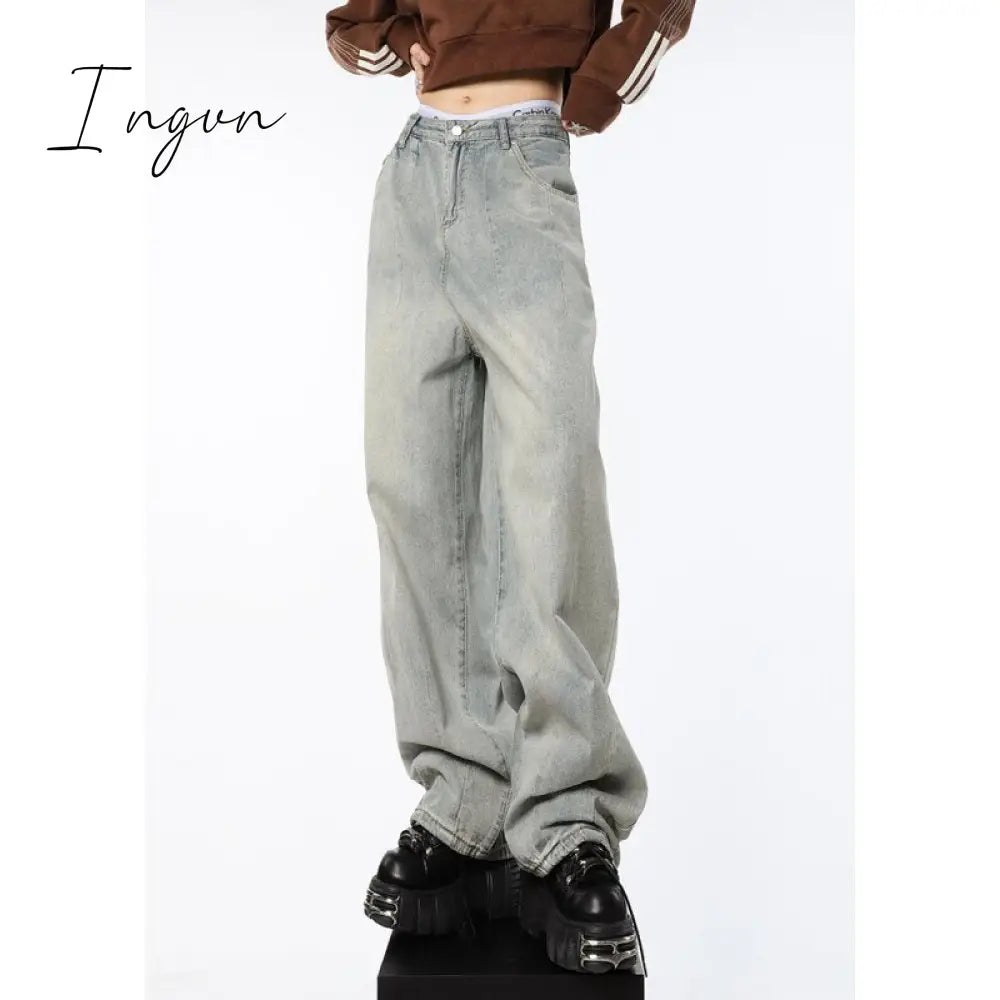 Ingvn - Blue Womens Jeans High Waist Vintage Straight Baggy Denim Pants Streetwear American Style Fashion Female Wide Leg Denim Trouser