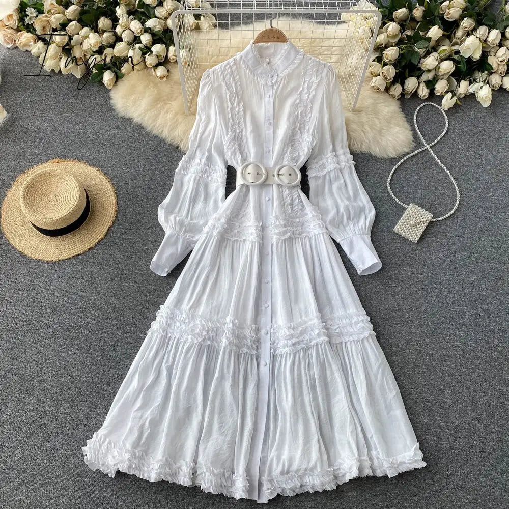 Ingvn - Summer Sexy Party Dress Women Single Breasted Long Sleeve Layer Ruffle Flower Embroidery Lace Tulle Maxi Dress Robe