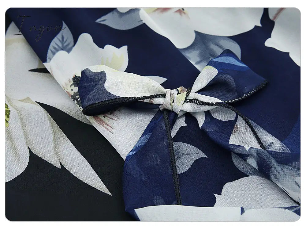 Ingvn - New Plus Size Women Chiffon Skirt Europe Fashion Bow Saia Midi Lining Jupe Femme Lace Up Falda Mujer Summer Print Floral Skirts