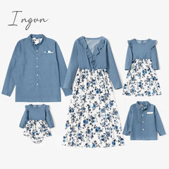 Ingvn - Trends Summer And Spring Mosaic Cotton Family Matching Floral Sets Flounce Dresses And Denim Tops Short Long Sleeve Family Look