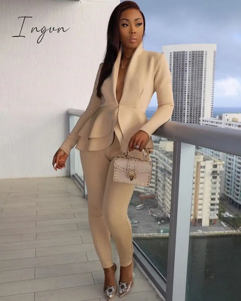 Ingvn - New Women Winter Women's Set Tracksuit Full Sleeve Ruffles Blazers Pencil Pants Suit Two Piece Set Office Lady Outfits Uniform