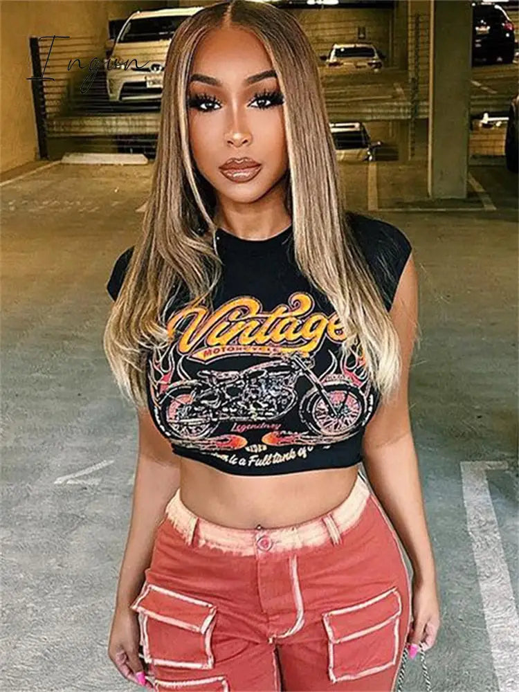 Ingvn - 2023 y2k Clothes Streetwear T Shirts Ladies Black O neck Crop Tops Short Sleeve Summer Print graph Tees T Shirts Women