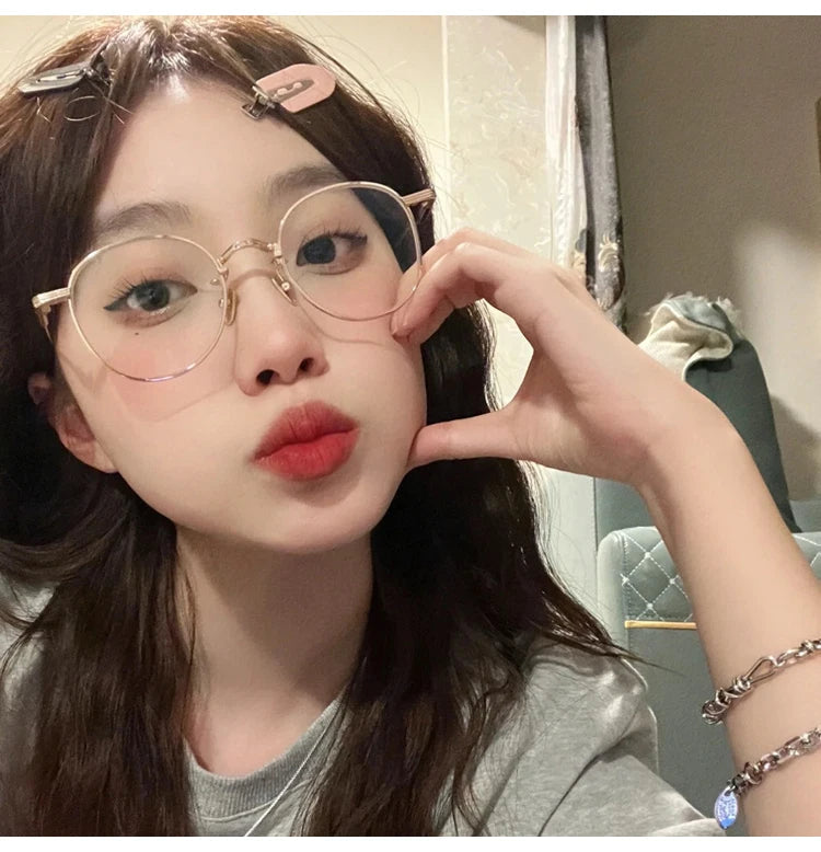INGVN  Korean Retro Alloy Glasses Frame Girl Ins No Makeup Plain Glasses Men Light Eyewear Cute Decorative Computer Glasses