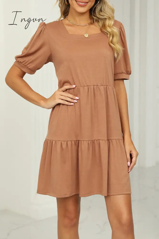 Ingvn - Casual Solid Fold Square Collar A Line Dresses