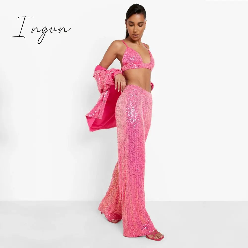 Ingvn - Sparkly Two-piece Set Party Outfits For Womens Sequin Top Blouse Shirt And Pants Suit Female Luxury Evening Tracksuit New