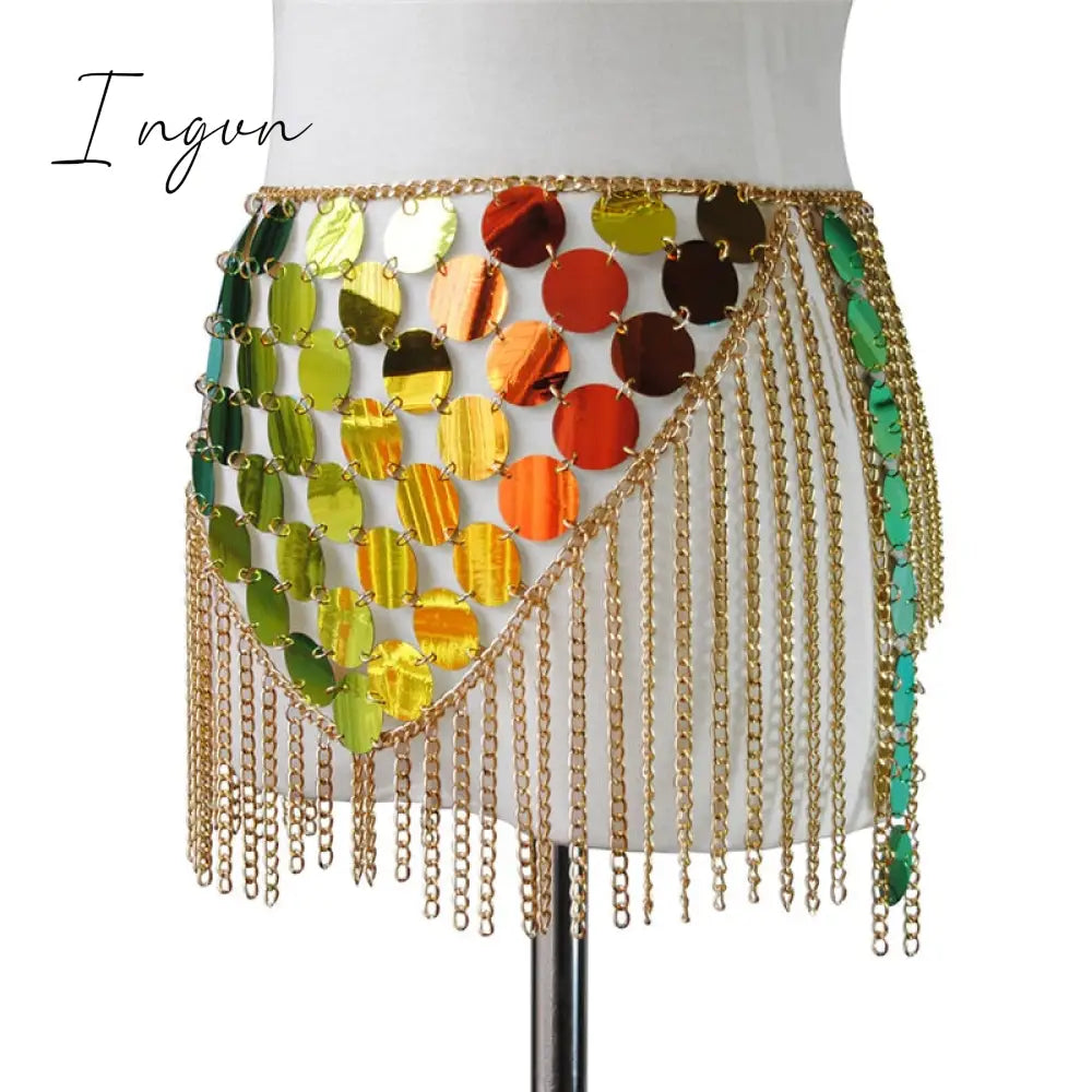 Ingvn - Trends Fashion Gradient Color Shiny Sequins Dots Two Piece Set Low Cut Backless Sleeveless Crop Tops Tassel Mini Skirt Sexy Beach Outfits