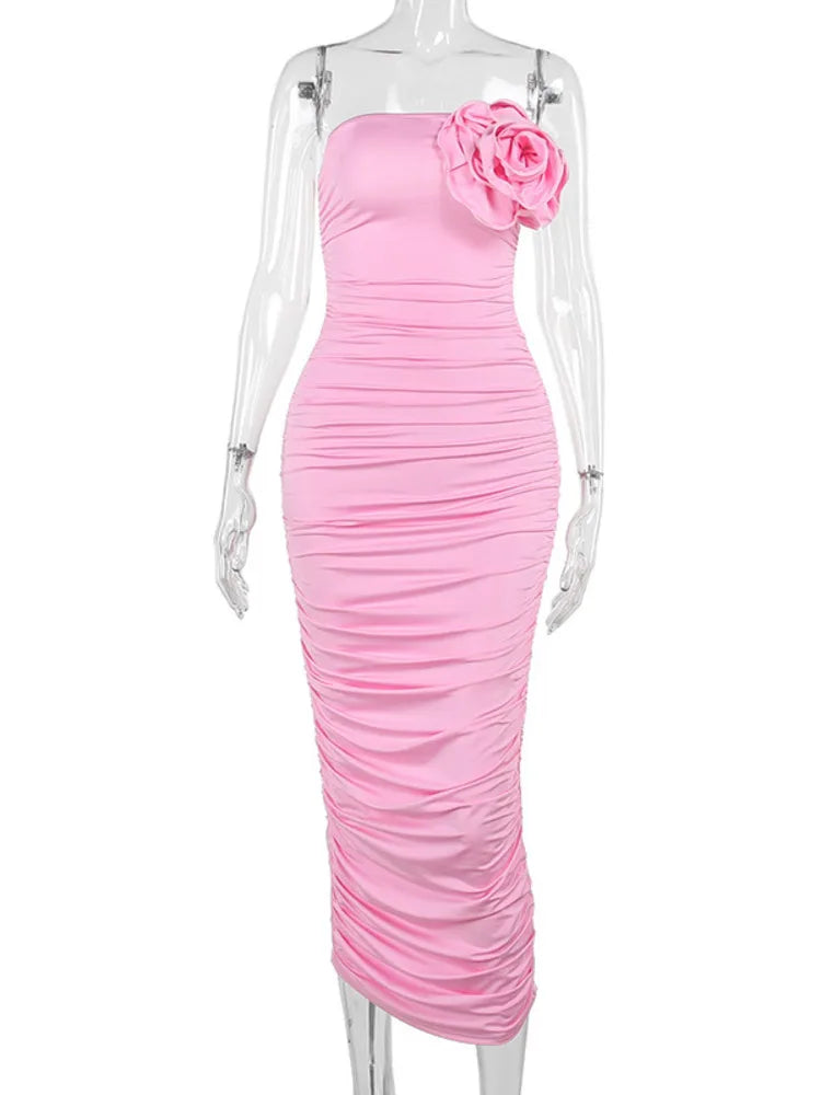 3D Flower Strapless Bodycon Maxi Dress For Women Fashion Off-shoulder Sleeveless Backless Ruched Club Party Sexy Dress