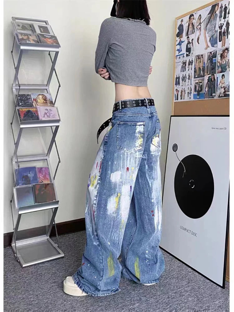 Ingvn  Women's Personalized Graffiti Tie Dye Design Jeans Young Girl Denim Trousers Vintage Street Bottoms Female High Waisted Pants