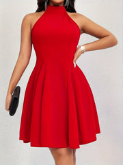 Solid Halter Neck Waist Swing Dress, Elegant Sleeveless Slim Dress, Women's Clothing