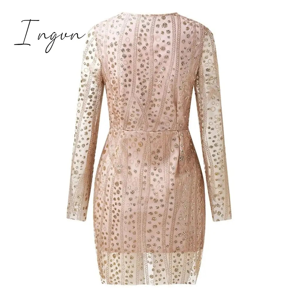 Ingvn - Dress Woman Mini Dress Evening Party Long Sleeve Deep V Neck Dress Skinny Sexy Dress Clubwear Max Size Dresses