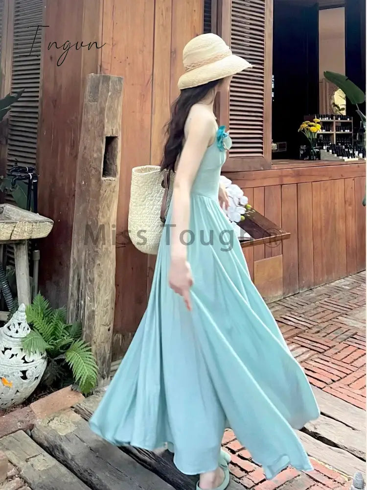 Ingvn - Summer Floral Sexy Strap One Piece Dress Women Solid Elegant Midi Beach Party Dress Female Korean Fashion Casual Slim Dress 2024
