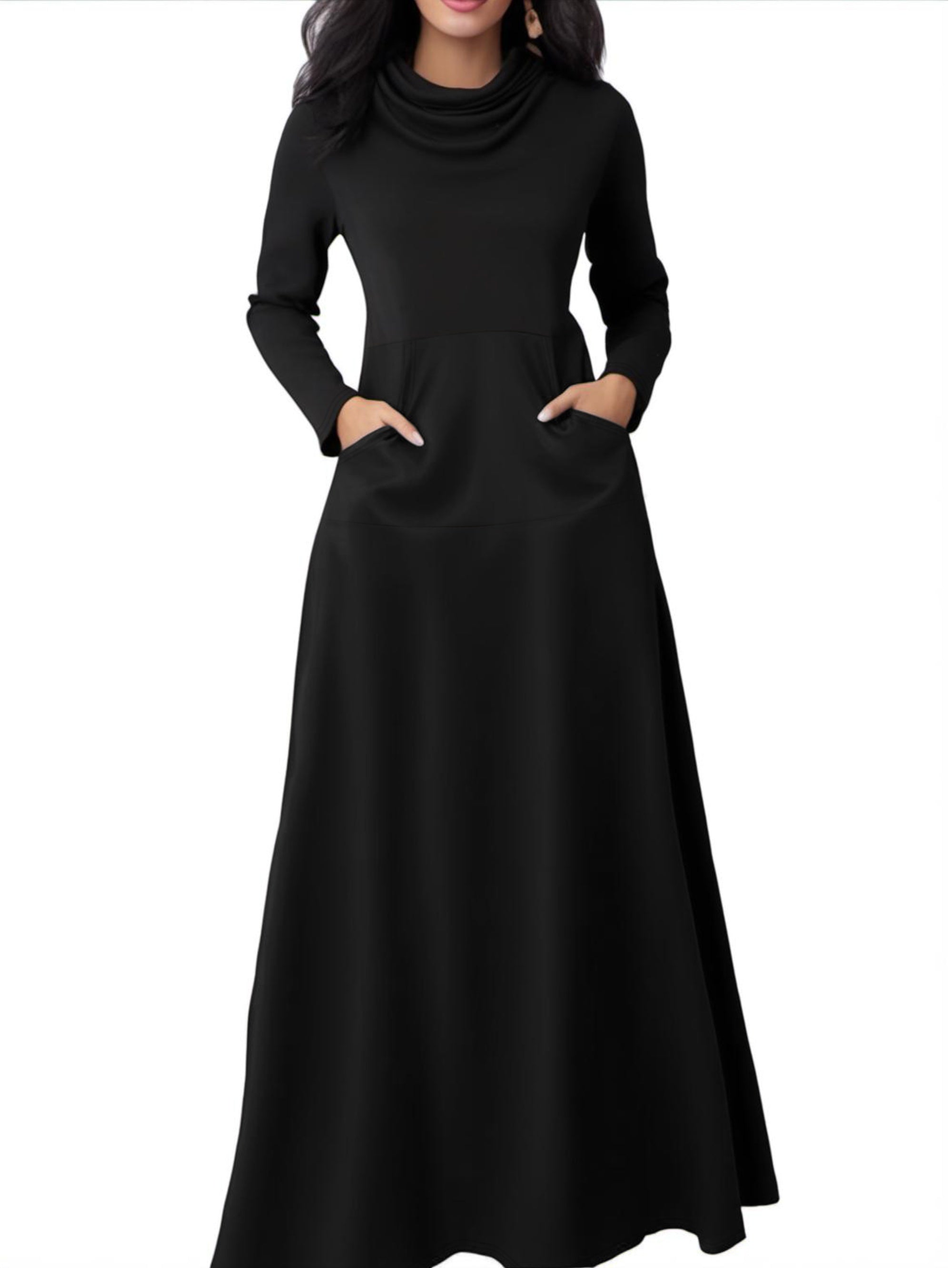 Elegant Long Sleeve Maxi Fit and Flare Dress with Pockets - Soft High Elasticity Polyester Fabric, Solid Color, Cowl Neck, Comfortable for All Seasons - Womens Everyday Wear