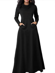 Elegant Long Sleeve Maxi Fit and Flare Dress with Pockets - Soft High Elasticity Polyester Fabric, Solid Color, Cowl Neck, Comfortable for All Seasons - Womens Everyday Wear