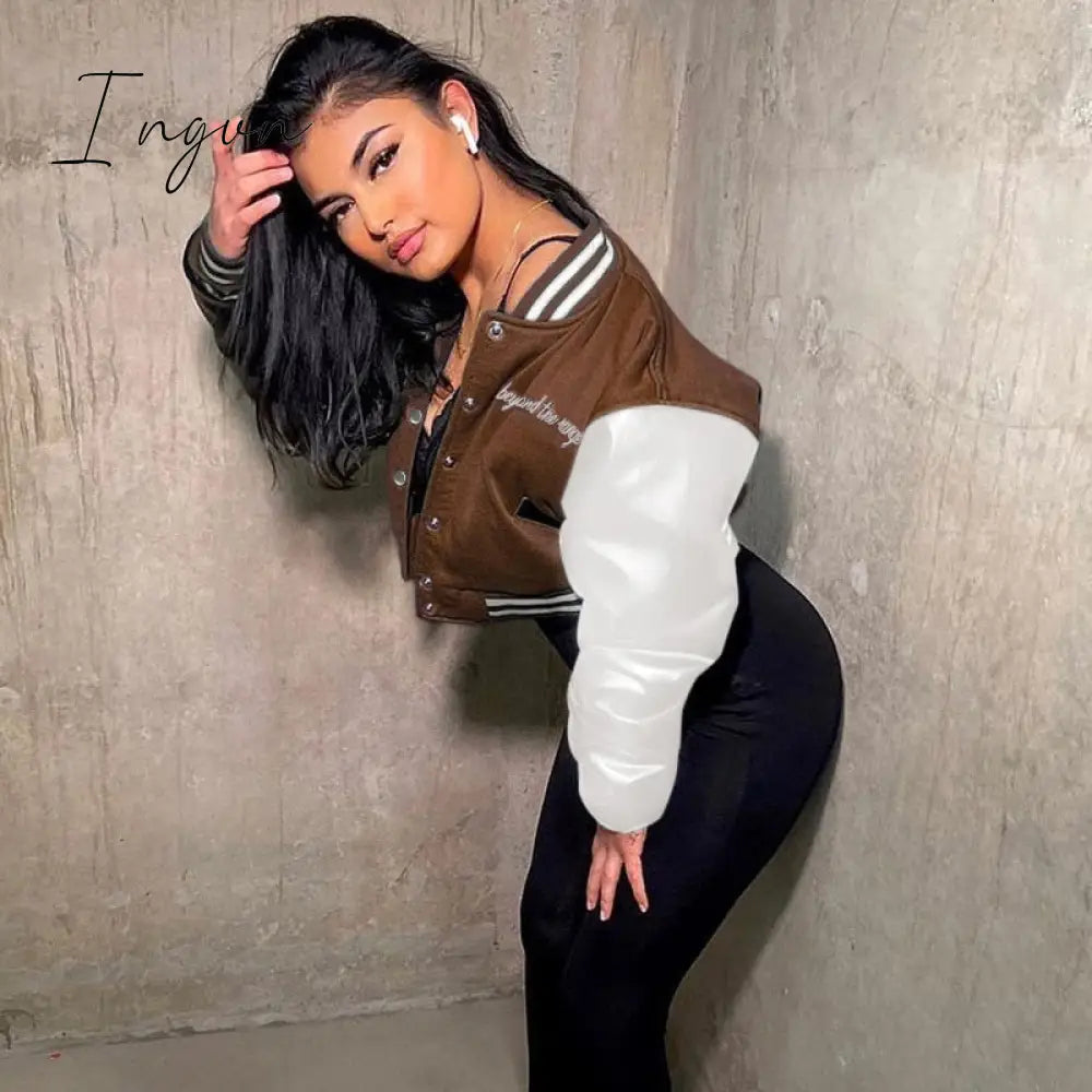 Ingvn - Letter Print Red Color Patchwork Short Bomber Jacket Women Cropped Baseball Jacket For Women Autumn Long Sleeve Loose Jacket