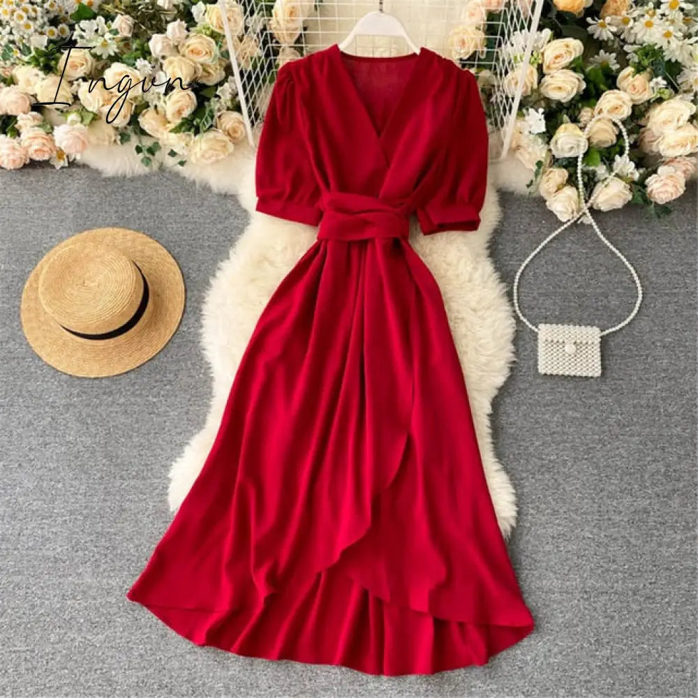 Ingvn - Women Summer Midi French Dress Sweet V-Neck Puff Sleeve High Waist Elegant Solid Woman Dresses Female Clothing New Year