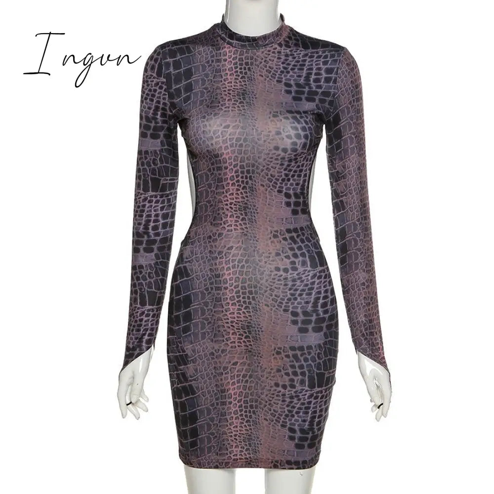 Ingvn - Sexy Backless Serpentine Print Mini Bodycon Dress Women Fall Chic Package Hip Streetwear Female Casual Party Club Clothes