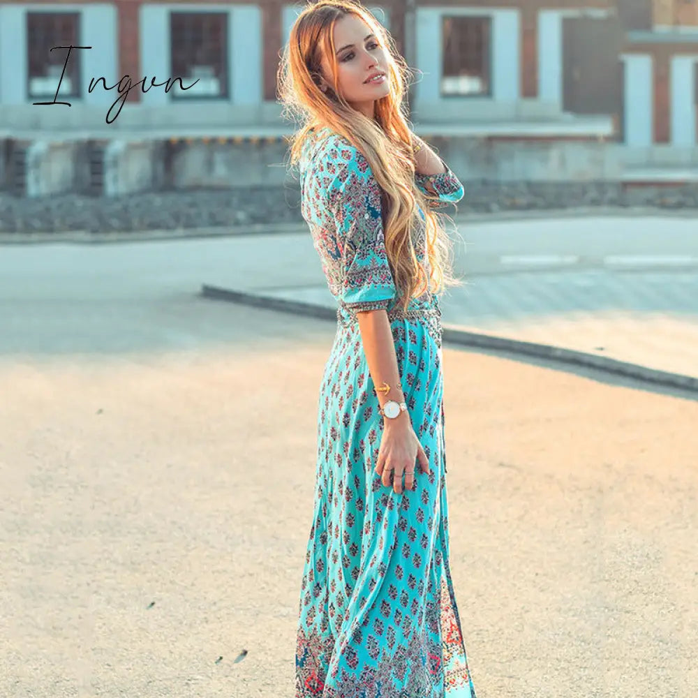 Ingvn - 2023 Fashion Summer Boho Beach Dress Fashion Floral Print Ethnic Long Maxi Dress Woman Party Night Elegant Dress