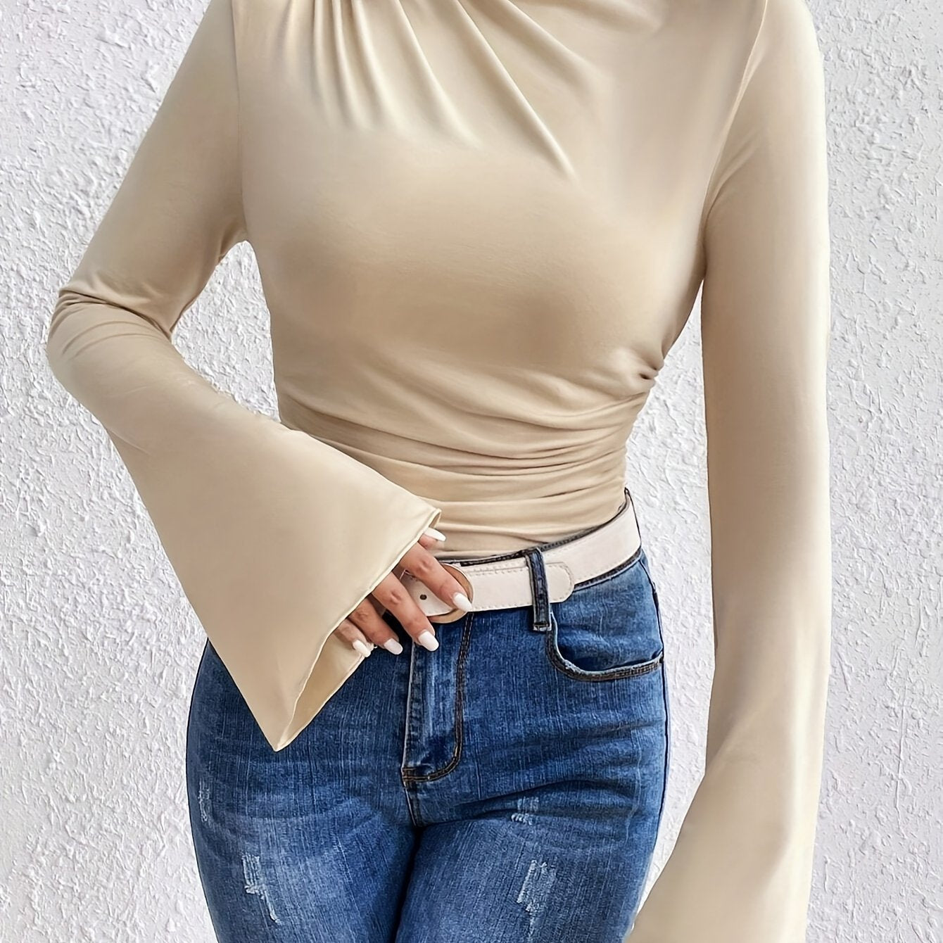 Womens Solid Color Flare Sleeve T-Shirt - Comfortable Crew Neck, Fashion-Forward Casual Style - Perfect for Spring & Fall Wardrobe - Womens Clothing