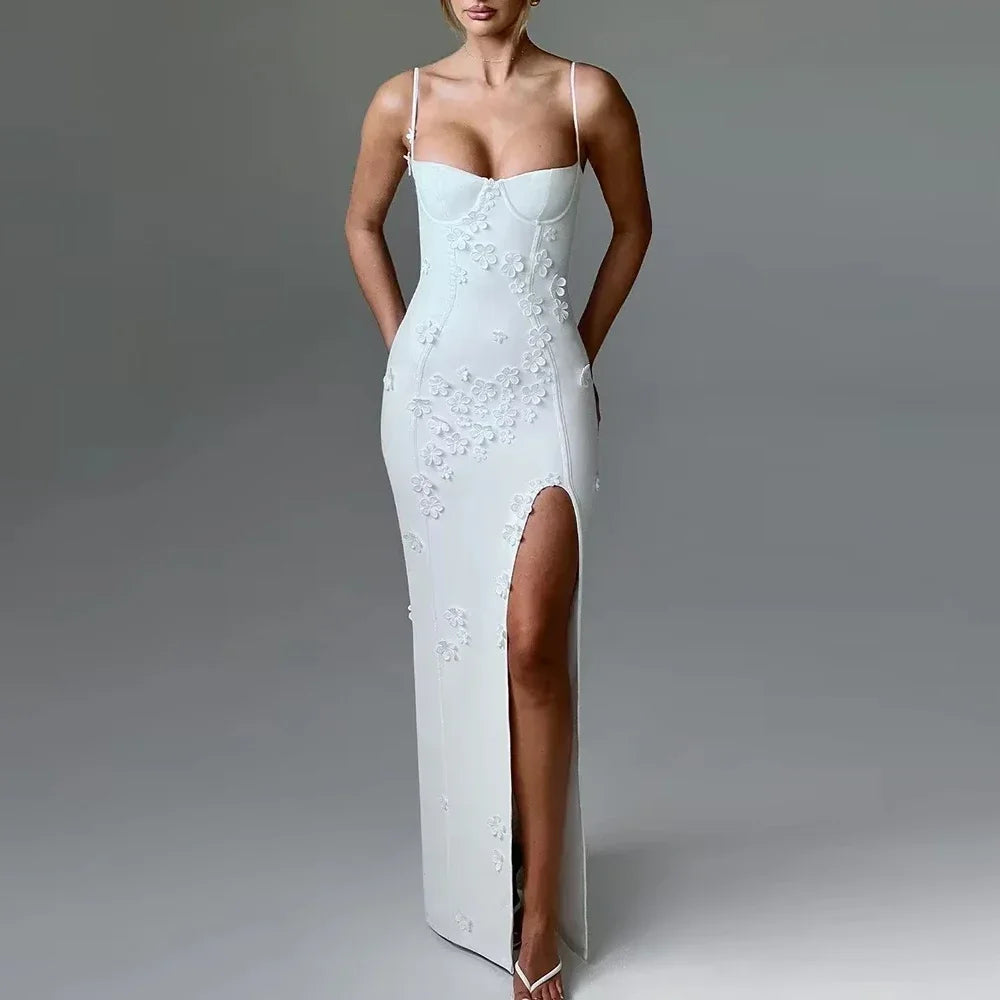 Women's Maxi Gala Dress Elegant 3D Flower Spaghetti Strap Dress Fashion High Split Club Party Dress Sexy