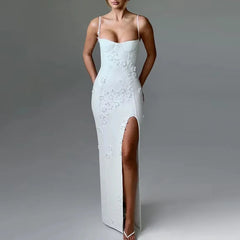 Women's Maxi Gala Dress Elegant 3D Flower Spaghetti Strap Dress Fashion High Split Club Party Dress Sexy