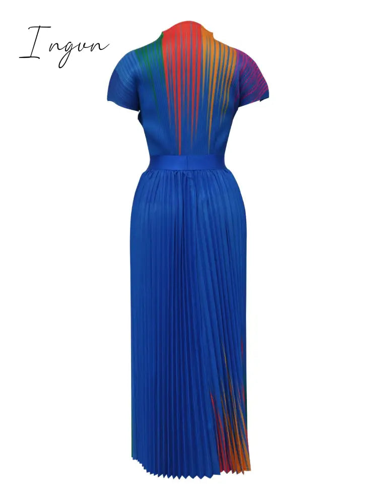 Ingvn - Long Pleated Dress Sets Women 2 Piece Outfits Summer Short Sleeve Gardient Print Swing Skirt Set Elegant Casual 2023 New In