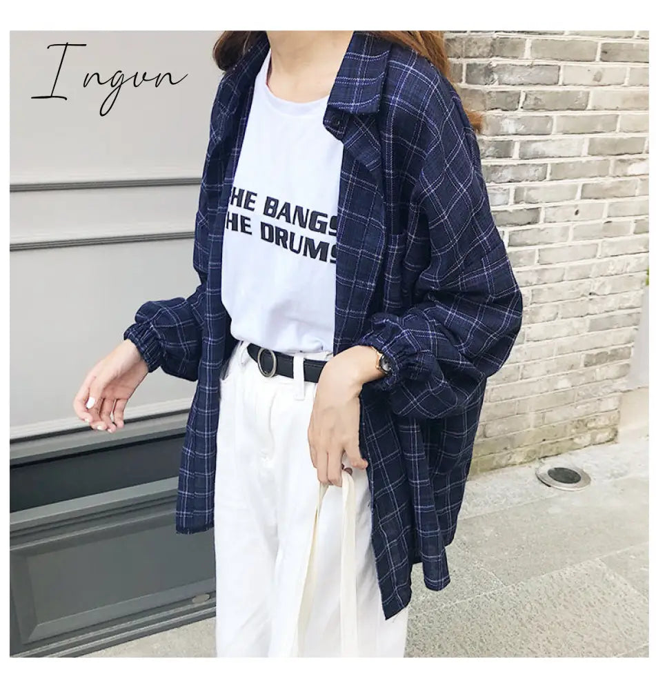 Ingvn - New Woman Vent Vintage Plaid Shirt Single Breasted Turn down Collar Cotton Long Sleeve Button Feminina Sales T8D512Z