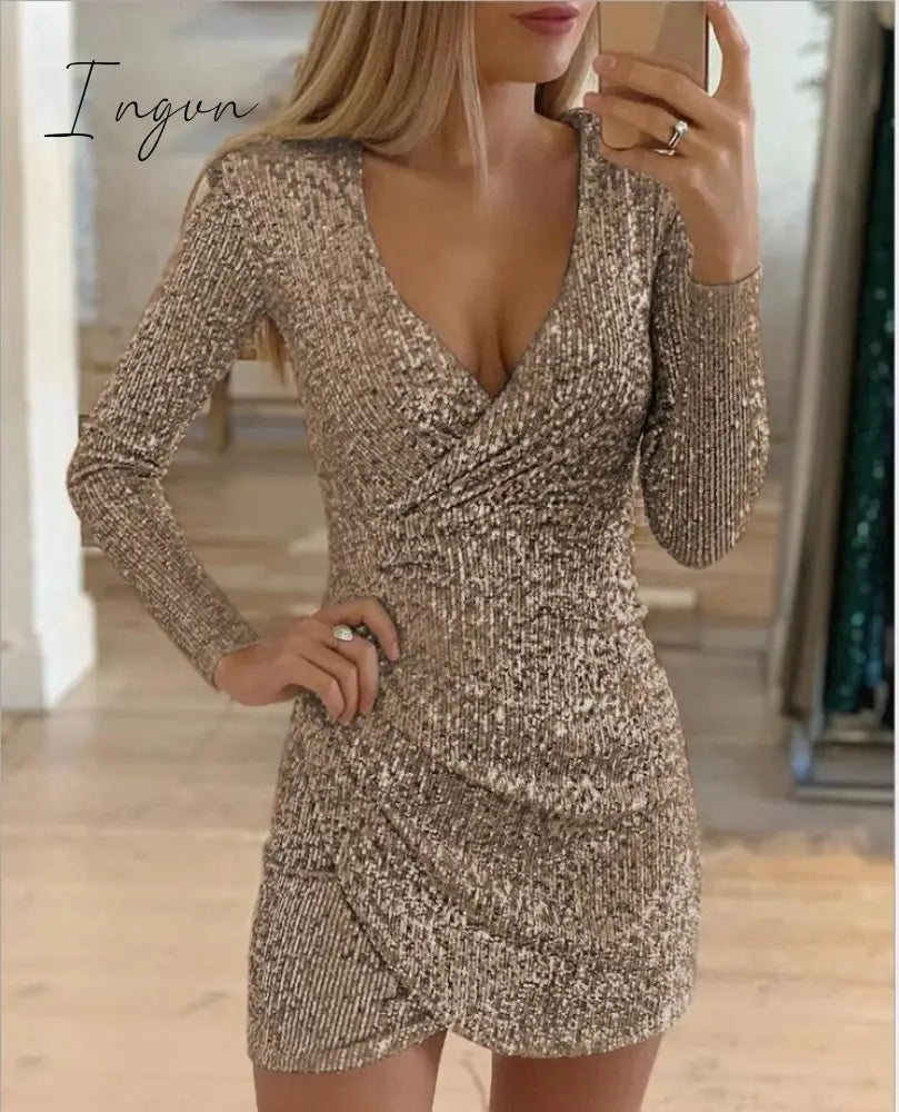 Ingvn - New Sexy Women Dress Sequins Glitter Women V-neck Long Sleeve Self Cultivation Dresses Elegant Ladies Party Dress