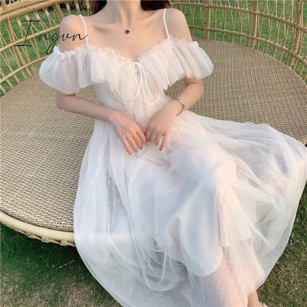Ingvn - Going Out Outfits Mesh Ruffle Slash Neck Off Shoulder Dresses Lace Up Women Summer Vestidos Mujer Korean Fashion White Dress Strap Tide Robe Femme