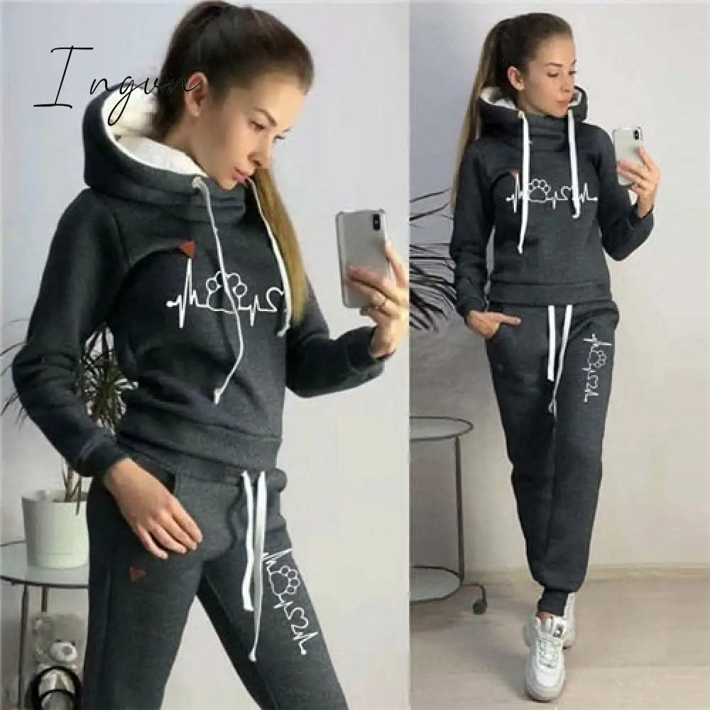 Ingvn - Two Piece Sets Casual Tracksuit Women Hooded Pullover Hoodies and Pants Suit Outfits Female Sweatshirts Autumn Spring Tracksuits