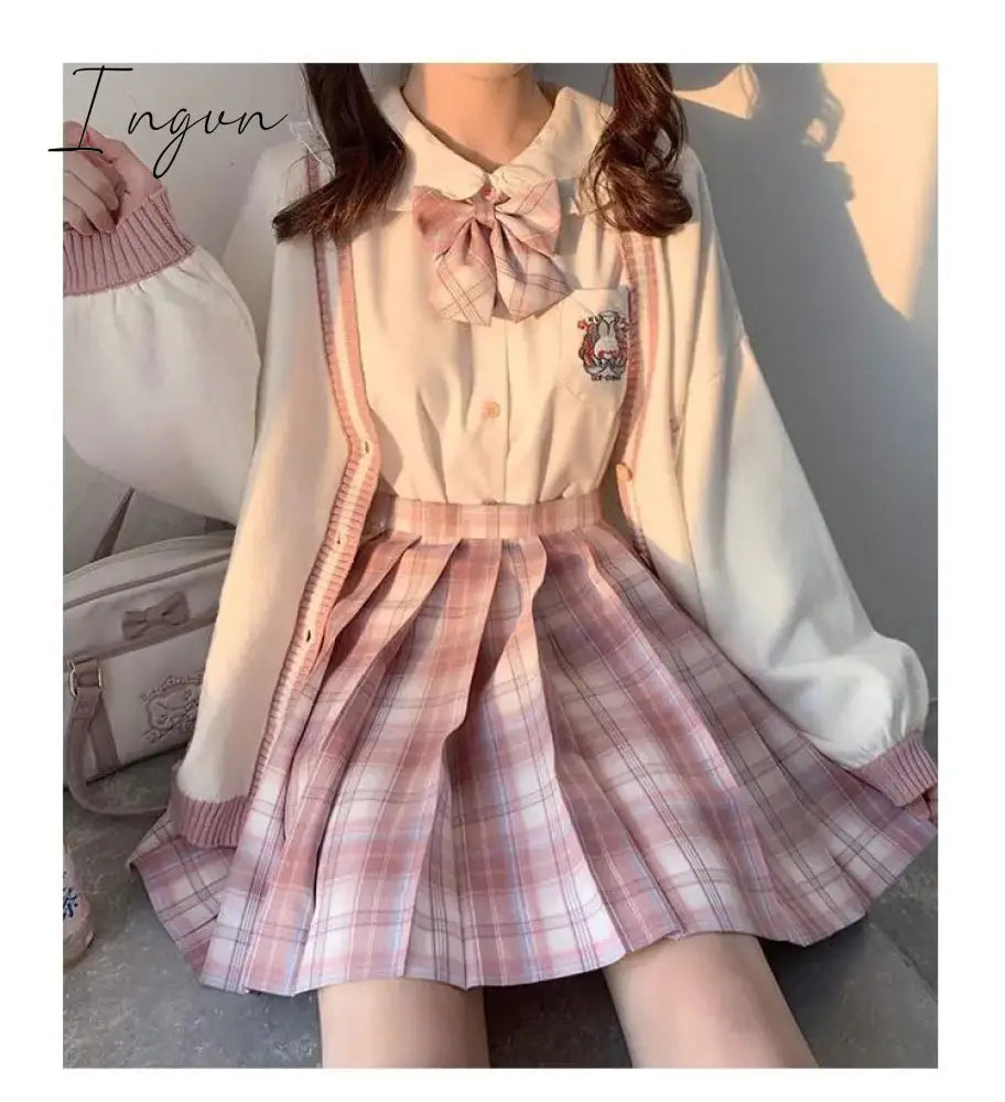 Ingvn - Spring Japanese Kawaii Fashion Pink Cardigan Women Harajuku Knitted Sweater Cute Bow Heart Korean College Style JK Uniform Coat