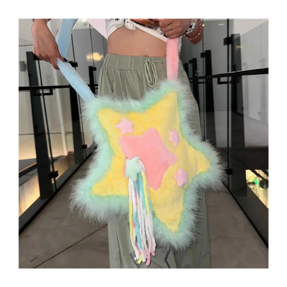 INGVN  Y2k Shoulder Bag for Women Star Shape Applique Tassel Soft Plush Shoulder Bag Sweet Cool Gothic Fashion Designers Handbag